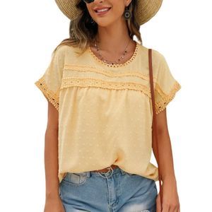 Camisa Yellow Swiss Dot Lace-Accent Button Back Top Size L
